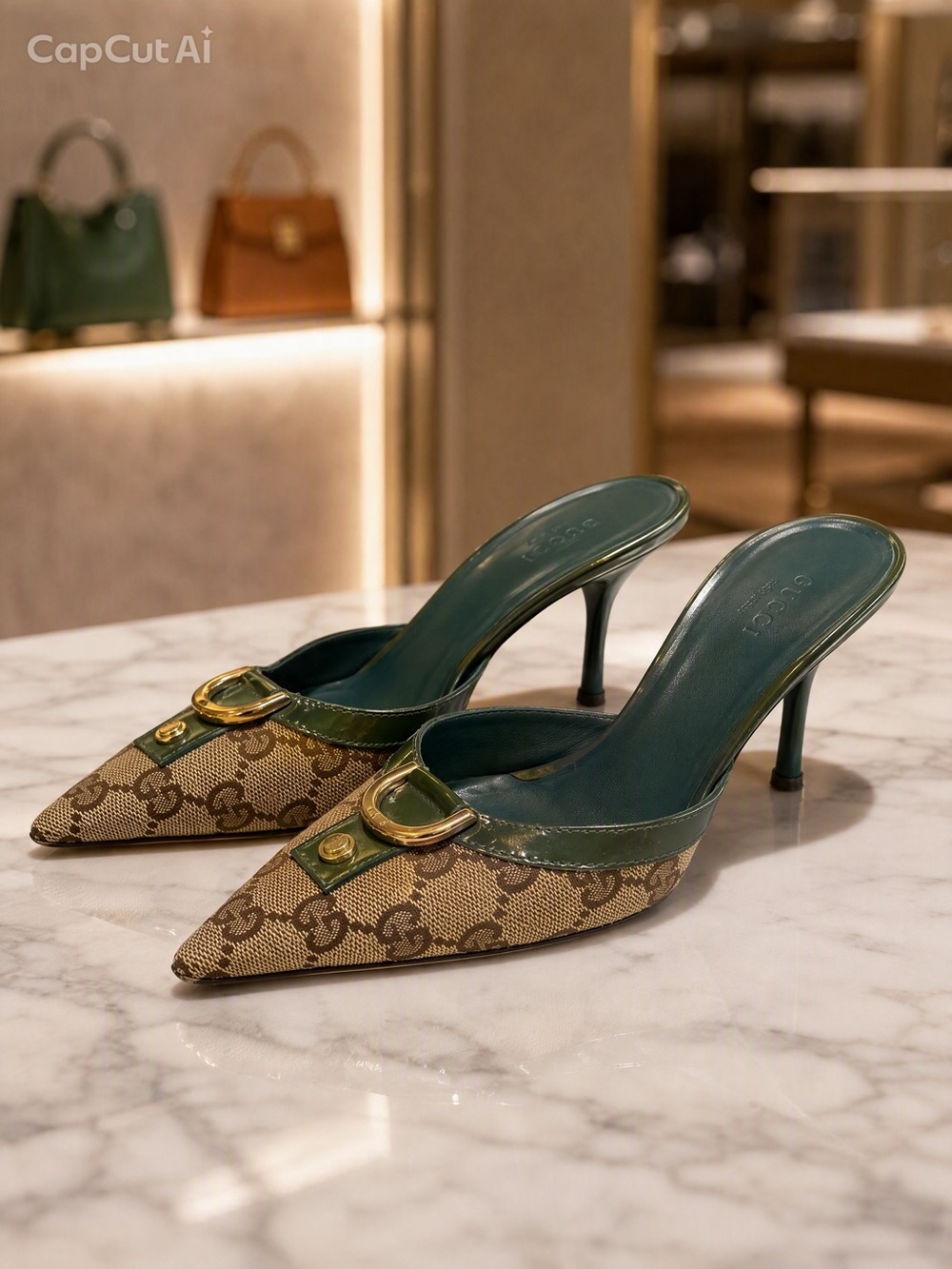 Gucci Brown GG Canvas Pointed-Toe Mules with Green Trim and Gold Buckle